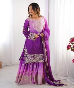 RICO BLANCO CHINON BORDADO SECUENCIA TRABAJO TOP SHARARA CON DUPATTA WEDDING WEAR PRECIO AL POR MAYOR ROPA ÉTNICA - Product Image 5