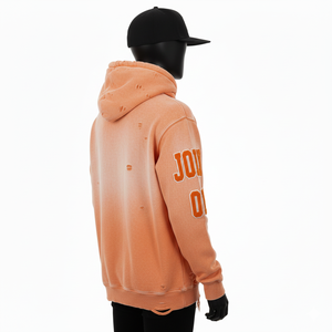 Premium 350GSM cotton fleece pullover <b>hoodie</b> distressed wash <b>orange</b> color with chenille patch custom logo Basics <b>Hoodie</b> - Product Image 5