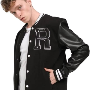 Veste universitaire de style baseball pour hommes personnalisée en gros noir Letterman et manches en cuir pour la saison d'hiver - Product Image 1