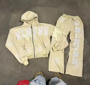 Survêtement unisexe à capuche zippé de haute qualité, 100 % coton molletonné, délavé à l'acide, effet vieilli, avec appliqué brodé, coupe oversize - Product Image 3