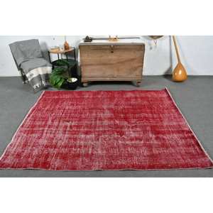 Alfombra de lana Roja turca Vintage moderna, pieza llamativa de tejido plano de 5x6,8 pies para decoración de sala de estar, patrón de retales de látex - Product Image 1