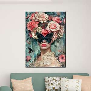 ภาพพิมพ์บนผ้าใบ: ภาพศิลปะติดผนังลายผีเสื้อและดอกไม้สไตล์เหนือจริงสำหรับผู้หญิง พร้อมกรอบสำหรับติดตั้งในแกลเลอรี - Product Image 1