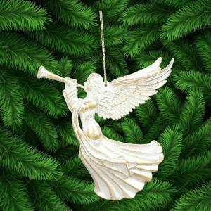 Décoration de Noël et du Nouvel An, peinture or mat, blanc, argent, or champagne, paillettes acryliques, ange volant 3D, jouant de la corne, ornement - Product Image 5
