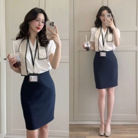 Ensembles de costumes pour femmes bleu marine, blazer peplum, jupe crayon, col montant, taille ceinturée, pour réceptionniste d'hôtel, hôtesse, bureau, professionnel, sur mesure