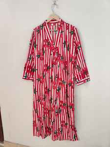 Vestido Casual de Algodón con Estampado de Frutas y Rayas Rojas, Cuello en V, Manga Larga, Ligero, Transpirable, Elegante para Verano - Product Image 2