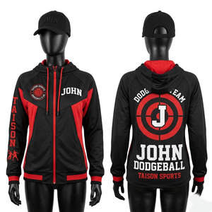 เสื้อฮู้ดดี้พรีเมียม 280 GSM ผ้าฟลีซโพลีเอสเตอร์ มีกระเป๋า ปักโลโก้ได้ตามต้องการ สีดำแดง ตัดต่อสี สำหรับฝึกซ้อมดอดจ์บอล แบบยูนิเซ็กซ์ เป็นมิตรต่อสิ่งแวดล้อม - Product Image 1