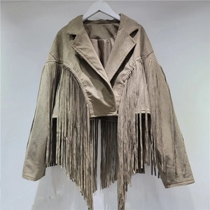 Chaqueta de borla negra de estilo francés para mujer Traje de cuello holgado de manga larga de cuero de imitación de 2 botones con nuevo diseño - Product Image 1