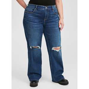2024, venta al por mayor, pantalones vaqueros transpirables de cintura alta para mujer, pantalones holgados de pierna recta de estilo informal, pantalones rotos con bolsillo de talla grande lavados para otoño - Product Image 2
