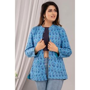 <b>Feather</b>-Decorated Women's Short Blue Quilted Jacket-Boho Style Floral Pattern Winter Coating XL Size - Product Image 1