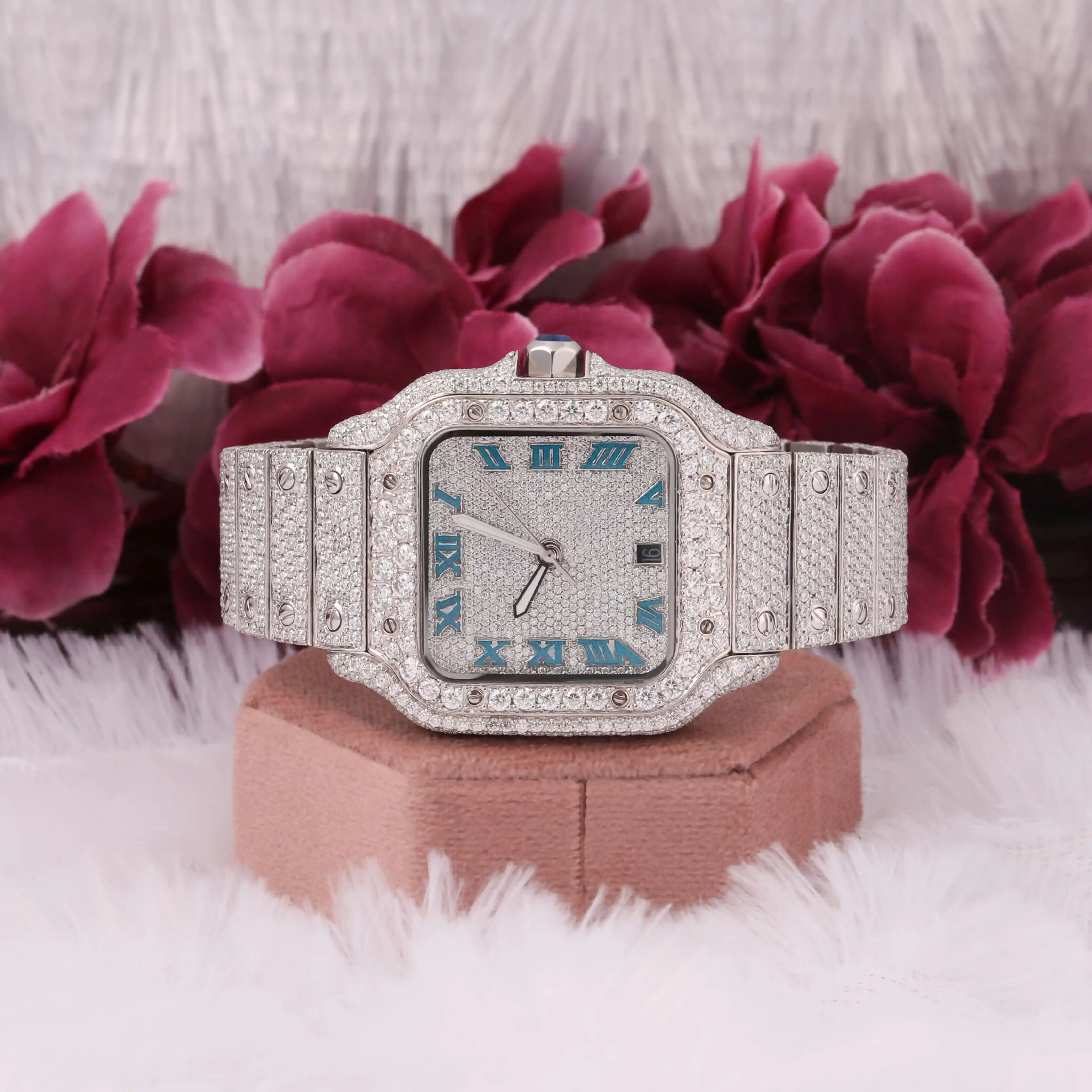 Different Customized Dial Moissanite Studded Square Iced Out Watch / White Full Iced Out Hip Hop Automatic Wrist Luxurious Watch
