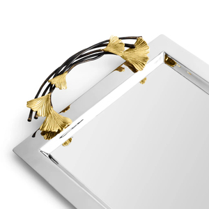 Plateau de service rectangulaire moderne en métal argenté avec poignées florales dorées plateau décoratif élégant pour les collations dessert décoration intérieure - Product Image 4