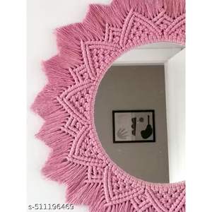 Venta al por mayor hecho a mano macramé espejo de pared artesanía Rosa bohemio espejo decorativo 18x18 pulgadas para decoración del hogar - Product Image 4