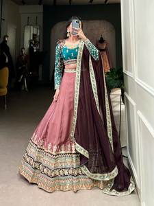 <b>Bride</b> Special Wedding& Engagement Wear 100% Pure Moonga Silk Fabric Sequence& Embroidery Work Latest Lehenga Choli Design - Product Image 4