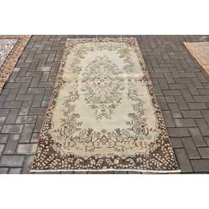 Turkish Vintage <b>Wool</b> Rug 3.8x6.9 ft <b>Brown</b> Patchwork Design Eco-Friendly Latex Backing - Product Image 1