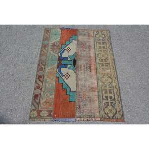 Vintage Turkish Rug 2.8 X 3.6ft <b>Red</b> Green Patchwork <b>Wool</b> Large Area for Entryway Hallway or Room Latex Backed - Product Image 1