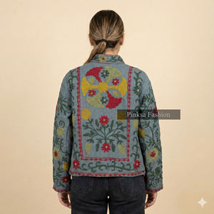 เสื้อแจ็คเก็ตผ้ากำมะหยี่ปักลายซูซานี ผลิตจากผ้าฝ้ายอินเดียที่เป็นมิตรต่อสิ่งแวดล้อม สำหรับผู้หญิง ดีไซน์หรูหรา |   เสื้อคลุมสไตล์โบฮีเมียน - Product Image 2