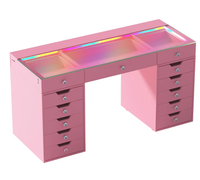 Table de toilette scintillante pour fille avec ampoule Bluetooth et plateau en verre et lumière d'ambiance Table de toilette de chambre à coucher
