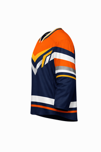 Jersey de Hockey sobre Hielo para Hombre, Rayas Azul Marino y Naranja, Manga Tres Cuartos, Cuello en V, Absorbe la Humedad, Sublimado - Product Image 2