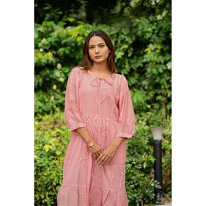 Stripe Hand Block Print Cotton Midi <b>Dress</b> Lightweight Boho Summer Sundress <b>with</b> <b>Pockets</b> ODM Leisure Occasion for Beach Gift - Product Image 1