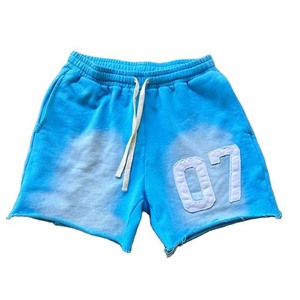 <b>Men's</b> Vintage Acid Wash Jogging <b>Shorts</b> Custom Cotton French Terry with Distressed Embroidery Applique <b>Patch</b> Streetwear Style - Product Image 1