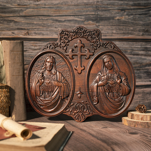 Arte Mural de Madera del Sagrado Corazón de Jesús y Marí<span class=keywords><strong>a</strong></span>, Placa Cristiana de Doble Relieve con Cruz, Decoración de Bendición para el Hogar Tallada <span class=keywords><strong>a</strong></span> Mano - Product Image 2