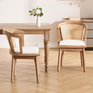 Chaise de salle à manger en teck classique moderne avec dossier en rotin et siège rembourré, écologique pour les salles à manger et les cafés à domicile et en appartement - Product Image 2