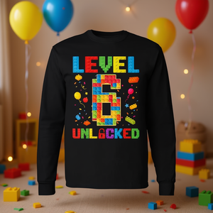 T-shirt promozionale a maniche lunghe Level 6 Unlocked 6th Birthday Boy Master Builder Blocks - Product Image 3