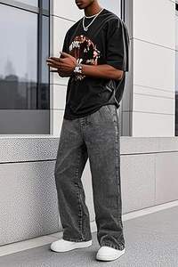 Wholesale Custom High <b>Waist</b> Solid Pattern Leather Patch Men's Baggy <b>Jeans</b> <b>Elastic</b> Denim Pants Drawstring for Street Wear Winter - Product Image 4