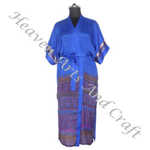 KL014 Kimono Sari de seda bohemio, bata larga, ropa de verano, Bikini, cubierta de seda, venta al por mayor, Sari de seda, Kimono Sari vintage largo - Product Image 4