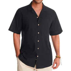 Camisas de manga corta con botones de algodón y lino para hombre, camisetas de playa de campamento cubano, camisas de playa de verano con manga enrollable lisas - Product Image 3
