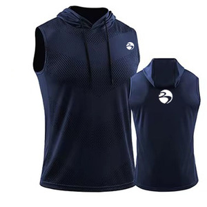 <b>Men's</b> Casual Jersey Waistcoat with Loose Hood Quick-Drying Breathable <b>Sleeveless</b> T-Shirt Front Puff Printing Logo Fitness Ideal - Product Image 3