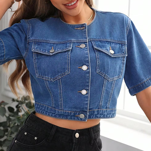แจ็กเก็ตยีนส์คอตตอนลำลองของหญิงสาวหญิงสาวสีทึบปักเข้าได้กับทุกชุดสไตล์แฟชั่นโลหะแข็งระบายอากาศได้ดี - Product Image 3
