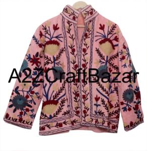 Women's Handmade Knitted Suzani Floral Embroidered Ruffles 100% Cotton Eco-Friendly Bomber Jacket Spring Winter Boho Indian - Product Image 6