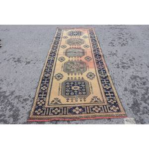 พรมขนสัตว์สีเบจสีน้ำเงินคลาสสิกงานเย็บปะสี่เหลี่ยมผืนผ้าตุรกี4.3 x 11.3ft ทำด้วยมือพร้อมแผ่นยางรองหลังสำหรับห้องนั่งเล่นวัยรุ่นขนาดใหญ่ - Product Image 1