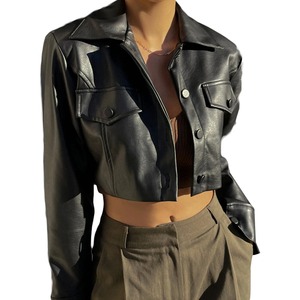 Women's Retro Cool Girl <b>Short</b> Leather <b>Jacket</b> Solid Color Casual Daily Long <b>Sleeve</b> Button <b>Jacket</b> Autumn Coat - Product Image 2