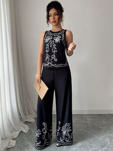Women's Casual Custom <b>Black</b> Full-Length Skirt Crop <b>Top</b> Outfits 2-Piece Set Solid Mexican Embroidery Needlepoint Pattern Short - Product Image 2