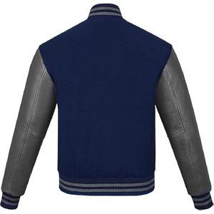 Men Premium navy Blue and Grey Varsity Jacket Authentic Letterman Bomber with Leather Look Contrast Sleeves - Product Image 2