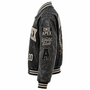 ONEAPEX Custom Black Acid Wash Distressed Vintage Letterman Hooded Breathable Winter <b>Jacket</b> Chenille Patch Streetwear OEM ODM - Product Image 4