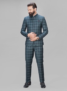 Traje básico de 2 piezas de poliéster con cuello de prohibición de cuadros para hombre, traje largo de ajuste Regular antiarrugas transpirable características Jodhpuri estilo Formal - Product Image 6