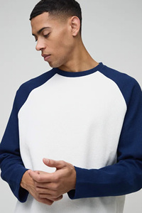 Sweat à capuche oversize homme bicolore bleu et blanc, manches raglan, hiver 2026, 100% coton, qualité lourde, tricoté sans doublure, broderie 3D imprimée - Product Image 3