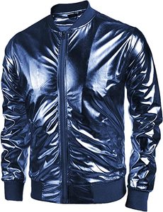 เสื้อแจ็กเก็ตบอมเบอร์แบบมีซิปสีเมทัลลิกผ้าซาตินสำหรับผู้ชายเสื้อโค้ทสำหรับใส่ไปปาร์ตี้ดิสโก้มหาวิทยาลัย - Product Image 2