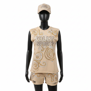 Ensemble t-shirt sans manches et short pour femme en jersey de coton premium avec logo en strass par transfert thermique, vêtements personnalisés, 100% coton, ensembles pour femmes - Product Image 6