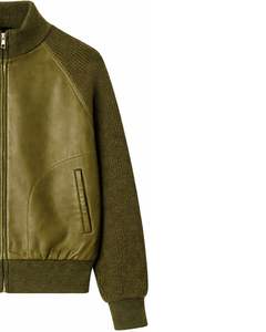 เสื้อแจ็คเก็ตหนังเทียมสีเขียวมะกอกพรีเมียม แขนถัก ซิปหน้า สำหรับผู้ชาย คอริบ แนวลำลอง เสื้อคลุมกันหนาวแฟชั่น เสื้อโค้ทผู้ชาย - Product Image 2