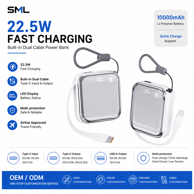 Mini Portable Plastic Power Bank with Built-in Lanyard 10000 mAh Li-Polymer Battery Type-C Input/Output Quick Charge 22.5W Cable