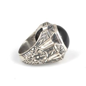 925 Sterling <b>Silver</b> Men's Ring with Radiant Cut Round Onyx and Agate Geometric <b>Pen</b> Design for Everyday Wear - Product Image 3