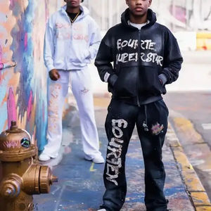 Combinaison de survêtement personnalisée à double poche avec broderie zippée et appliques dégradées, peinture lavée à l'acide, ensemble pantalon et sweat à capuche pour hommes - Product Image 5