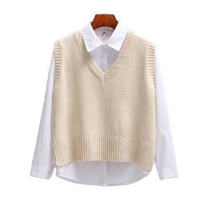 Suéter de algodón de alta calidad para mujer, suéter vasto sin mangas para mujer, jersey con cuello en V, Tops cortos holgados para primavera y otoño para mujer - Product Image 2