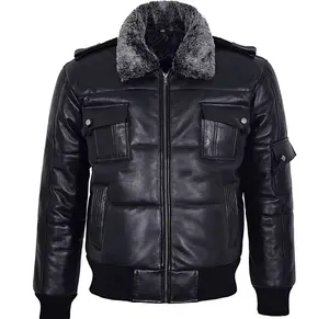 Customize Men's Leather Puffer jacket bomber leather jacket style in real sheepskin Black puffer leather jacket