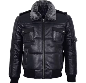 Personalizar los hombres de cuero Puffer chaqueta bomber chaqueta de cuero estilo en piel de oveja real Negro puffer chaqueta de cuero - Product Image 1