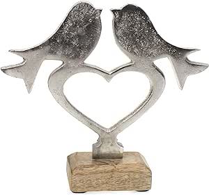 Decorative Figurine <b>Birds</b> on Heart 17 cm Mango Wood Base Solid Natural Brown Metal Aluminium Silver <b>Bird</b> <b>Stand</b> Spring Summer - Product Image 2